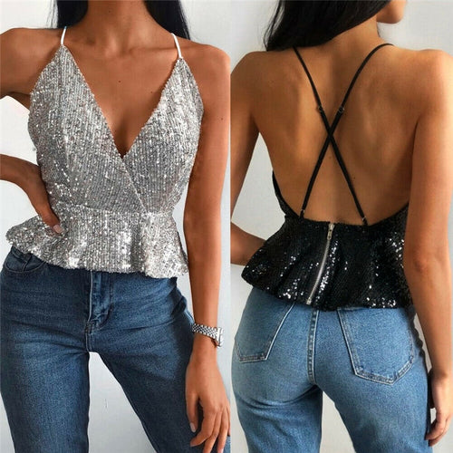 Women sequin  deep v neck backless sleeveless  Vest  Tank Tops Blouse Camisole women summer casual sexy tops vest camis tops