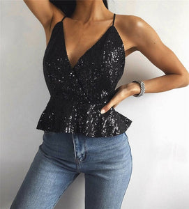 Women sequin  deep v neck backless sleeveless  Vest  Tank Tops Blouse Camisole women summer casual sexy tops vest camis tops