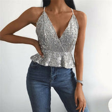 Load image into Gallery viewer, Women sequin  deep v neck backless sleeveless  Vest  Tank Tops Blouse Camisole women summer casual sexy tops vest camis tops