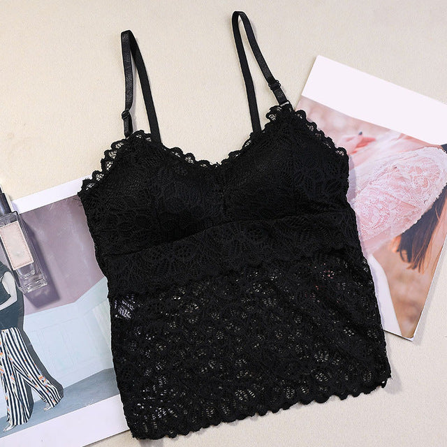 Detachable Chest Pad Vest Lace Patchwork Solid Tank Camis Tops Sexy V-neck Beauty Back Adjustable Shoulder Strap Female 2018