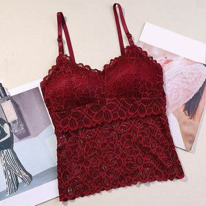 Detachable Chest Pad Vest Lace Patchwork Solid Tank Camis Tops Sexy V-neck Beauty Back Adjustable Shoulder Strap Female 2018