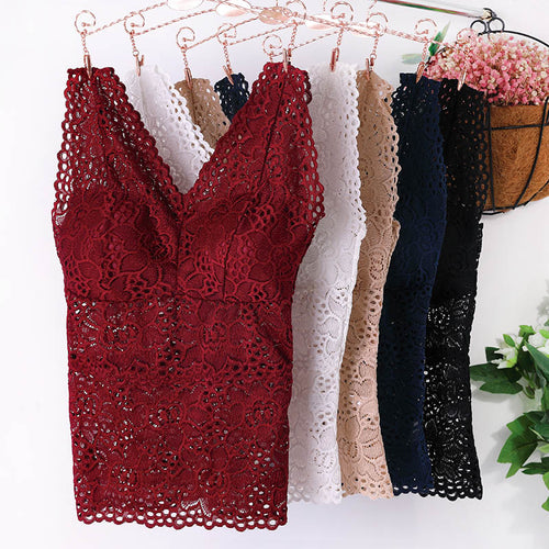 Women Sexy Vest Chest Padded Tank Tops Lace Crop Top Padded Bra Underwear Sexy V Neck Basic Tops Blusas Casual Womens Vest