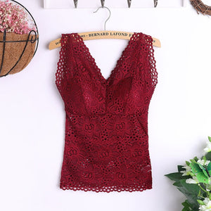 Women Sexy Vest Chest Padded Tank Tops Lace Crop Top Padded Bra Underwear Sexy V Neck Basic Tops Blusas Casual Womens Vest