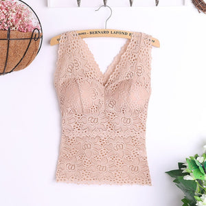Women Sexy Vest Chest Padded Tank Tops Lace Crop Top Padded Bra Underwear Sexy V Neck Basic Tops Blusas Casual Womens Vest