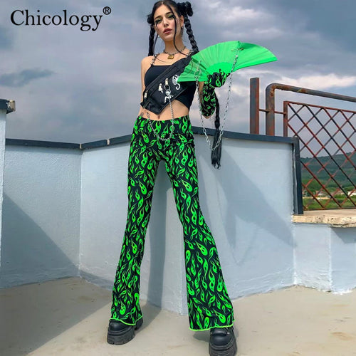 Chicology green fire print flare pants high waist bell bottom 2019 summer sexy women streetwear clothing female punk trousers