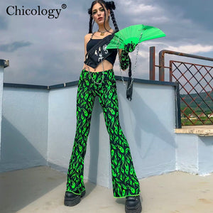 Chicology green fire print flare pants high waist bell bottom 2019 summer sexy women streetwear clothing female punk trousers