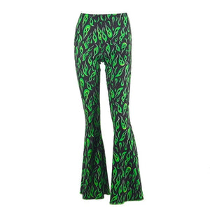 Chicology green fire print flare pants high waist bell bottom 2019 summer sexy women streetwear clothing female punk trousers