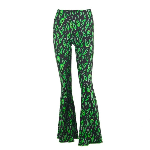 Chicology green fire print flare pants high waist bell bottom 2019 summer sexy women streetwear clothing female punk trousers