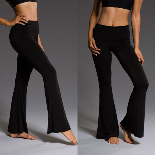 UK  Women Casual High Waist Lounge Solid Soft Pant Bell Bottom Flared Hippie Palazzo Nylon Black