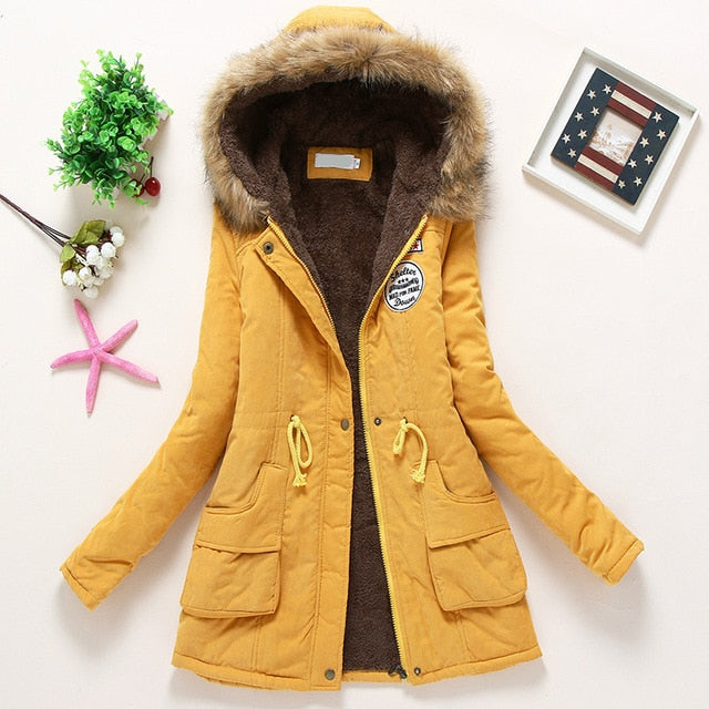 Overcoat Women Winter thick coat Warm Hooded Pockets Slim Faux Fur Parka Jacket Female