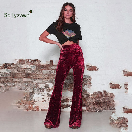 Autumn Winter Velvet Long Flare Pants Women Korean Streetwear Sexy High Waist Trousers Casual Velour Red Black Bell Bottom Pants