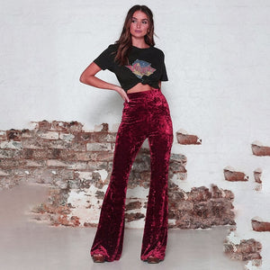 Autumn Winter Velvet Long Flare Pants Women Korean Streetwear Sexy High Waist Trousers Casual Velour Red Black Bell Bottom Pants