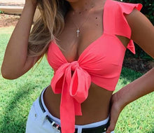 Load image into Gallery viewer, Latest Popular Women Short Ruffled Sleeve Crop Top Front Knot Tie Ladies Casual Plain Tanks Tops Summer Short Tops with Bow