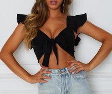 Load image into Gallery viewer, Latest Popular Women Short Ruffled Sleeve Crop Top Front Knot Tie Ladies Casual Plain Tanks Tops Summer Short Tops with Bow