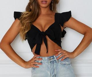 Latest Popular Women Short Ruffled Sleeve Crop Top Front Knot Tie Ladies Casual Plain Tanks Tops Summer Short Tops with Bow