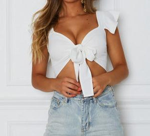 Latest Popular Women Short Ruffled Sleeve Crop Top Front Knot Tie Ladies Casual Plain Tanks Tops Summer Short Tops with Bow