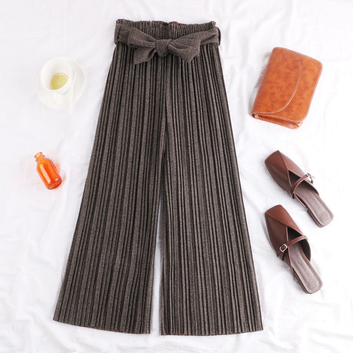 Winter High-waist Pleated Woolen Pants Women 2019 Solid Wide Leg Pants Women Capris Pants  Autumn Bottoms Womens