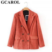 Load image into Gallery viewer, GCAROL 2019 Fall Winter Women Double Breasted Suit Elegant OL Corduroy Blazer 2 Pockets Streetwear  feminino Handsome Jackets