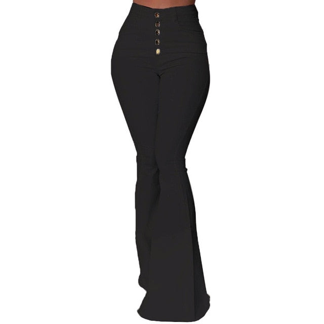 Goocheer White Bell-Bottom Pants Women Button High Waist Flare Pants New Trousers Slim Casual Elegant Work Wear Pantalon Femme