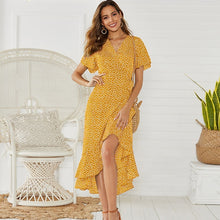 Load image into Gallery viewer, Summer Beach Maxi Dress Women Floral Print Boho Long Chiffon Dress Ruffles Wrap Casual V-Neck Split Sexy Party Dress Robe Femme