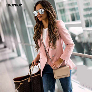 CROPKOP Office Blazer Women Autumn Long Sleeve Classic Office Small Coats Ladies Double Breasted Pink Clothing Work Suit Jackets