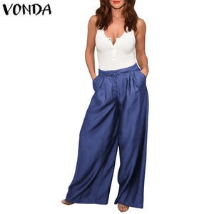 VONDA Summer Pants 2019 Loose Denim Wide Leg Pants Jeans Elastic High Waist Trousers Womens Clothing Casual Bottoms Pantalon 5XL