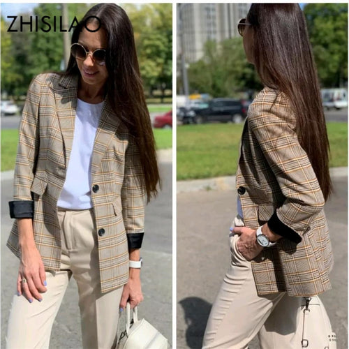 Plaid Blazer Women Elegant Office Long Sleeve Lattice Blazer Jacket Short Ol 2019 Autumn Spring Chaqueta Mujer Cape Blazer