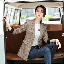 Load image into Gallery viewer, Plaid Blazer Women Elegant Office Long Sleeve Lattice Blazer Jacket Short Ol 2019 Autumn Spring Chaqueta Mujer Cape Blazer