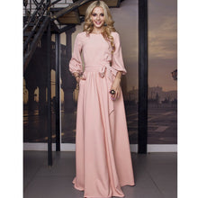 Load image into Gallery viewer, 2019 Vintage Bow Tie Maxi Long Party Dress Ladies Lantern Sleeve o Neck Solid Elegant Dress Autumn Long Sleeve Casual Dress