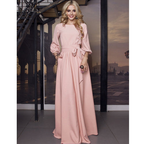 2019 Vintage Bow Tie Maxi Long Party Dress Ladies Lantern Sleeve o Neck Solid Elegant Dress Autumn Long Sleeve Casual Dress