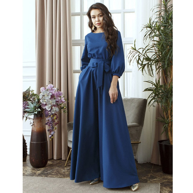 2019 Vintage Bow Tie Maxi Long Party Dress Ladies Lantern Sleeve o Neck Solid Elegant Dress Autumn Long Sleeve Casual Dress