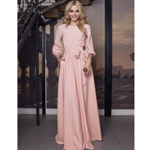 2019 Vintage Bow Tie Maxi Long Party Dress Ladies Lantern Sleeve o Neck Solid Elegant Dress Autumn Long Sleeve Casual Dress