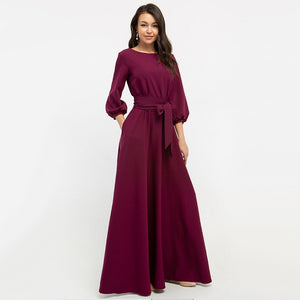 2019 Vintage Bow Tie Maxi Long Party Dress Ladies Lantern Sleeve o Neck Solid Elegant Dress Autumn Long Sleeve Casual Dress