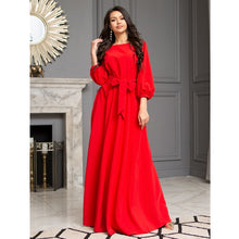 Load image into Gallery viewer, 2019 Vintage Bow Tie Maxi Long Party Dress Ladies Lantern Sleeve o Neck Solid Elegant Dress Autumn Long Sleeve Casual Dress