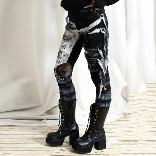New Gothic Punk Style Women Rocker Pants Skinny Cool Long Pant Girls Autumn Elastic Waist Street Trousers Slim Fit Hole Bottoms