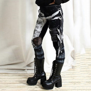 New Gothic Punk Style Women Rocker Pants Skinny Cool Long Pant Girls Autumn Elastic Waist Street Trousers Slim Fit Hole Bottoms