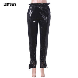 2019 Autumn Fashion Black Sequin Pants Women High Waist Bottom Bandage Trousers Female Club Party Casual Pencil Pants Streetwear