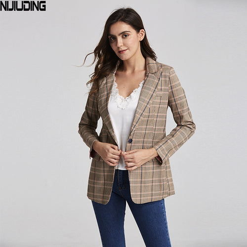 2019 Vintage Single Button Plaid Women's Blazer Pockets Jackets Female Retro Suits Coat Feminino blazers Outerwear High Quality