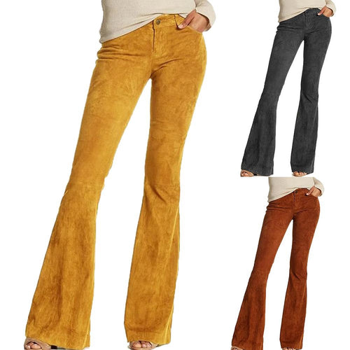 Vintage Women Retro Casual High Waist Solid Color Wide Leg Pants Bell-Bottom Trousers Fashion Faux Suede  Women's Trousers S-5XL