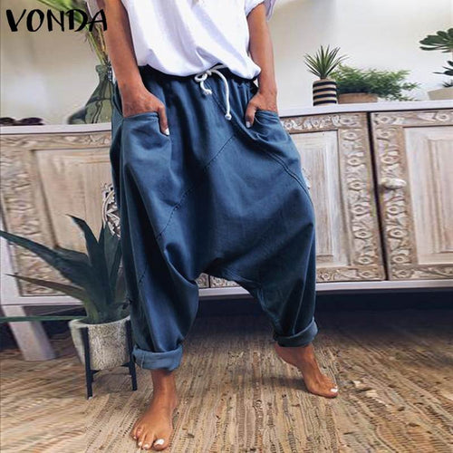 VONDA Demin Harem Trousers Casual Solid Color Women's Trousers Plus Size Wide Leg Pants Female Bohemian Summer Bottom S-5XL