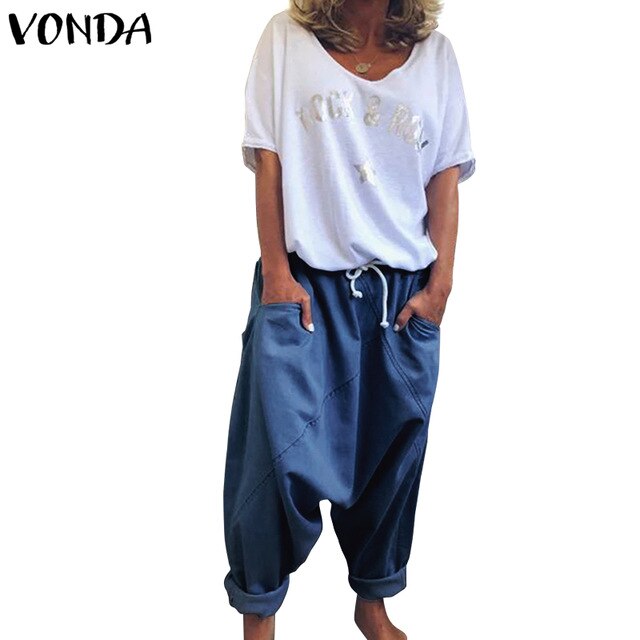VONDA Demin Harem Trousers Casual Solid Color Women's Trousers Plus Size Wide Leg Pants Female Bohemian Summer Bottom S-5XL