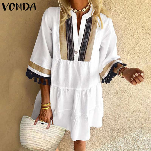 Summer Dress VONDA 2019 Woman Vintage Printed Half Sleeve V Neck Party Dresses Loose Mini Dresses Bohemian Vestidos Femme Robe
