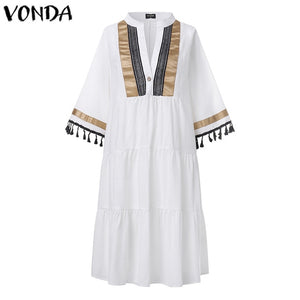 Summer Dress VONDA 2019 Woman Vintage Printed Half Sleeve V Neck Party Dresses Loose Mini Dresses Bohemian Vestidos Femme Robe
