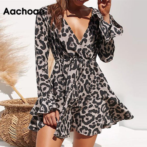 2020 Summer Chiffon Dress Women Leopard Print Boho Beach Dresses Casual Ruffle Long Sleeve A-line Mini Party Dress Vestidos