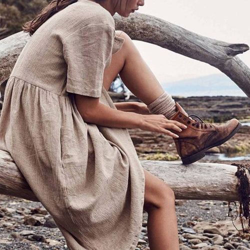 Women's dress Solid Straight Mid-Calf Dress Minimalist Autumn Button Short Sleeve Cotton And Linen Dress Vestido платье 423