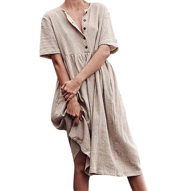 Women's dress Solid Straight Mid-Calf Dress Minimalist Autumn Button Short Sleeve Cotton And Linen Dress Vestido платье 423