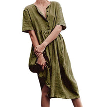 Load image into Gallery viewer, Women&#39;s dress Solid Straight Mid-Calf Dress Minimalist Autumn Button Short Sleeve Cotton And Linen Dress Vestido платье 423