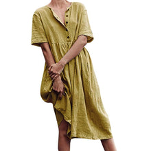 Load image into Gallery viewer, Women&#39;s dress Solid Straight Mid-Calf Dress Minimalist Autumn Button Short Sleeve Cotton And Linen Dress Vestido платье 423