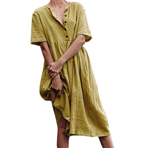 Women's dress Solid Straight Mid-Calf Dress Minimalist Autumn Button Short Sleeve Cotton And Linen Dress Vestido платье 423
