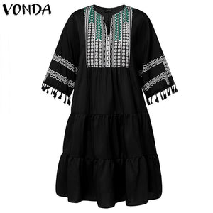 Summer Dress VONDA 2019 Woman Vintage Printed Half Sleeve V Neck Party Dresses Loose Mini Dresses Bohemian Vestidos Femme Robe